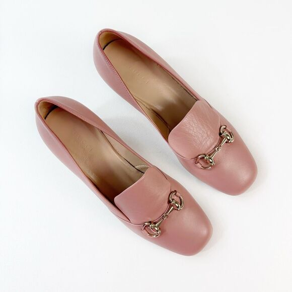GUCCI Blush Pink Kira Horsebit Square Toe Pump 38 US 8 Leather Block Mid Heel - Picture 3 of 12